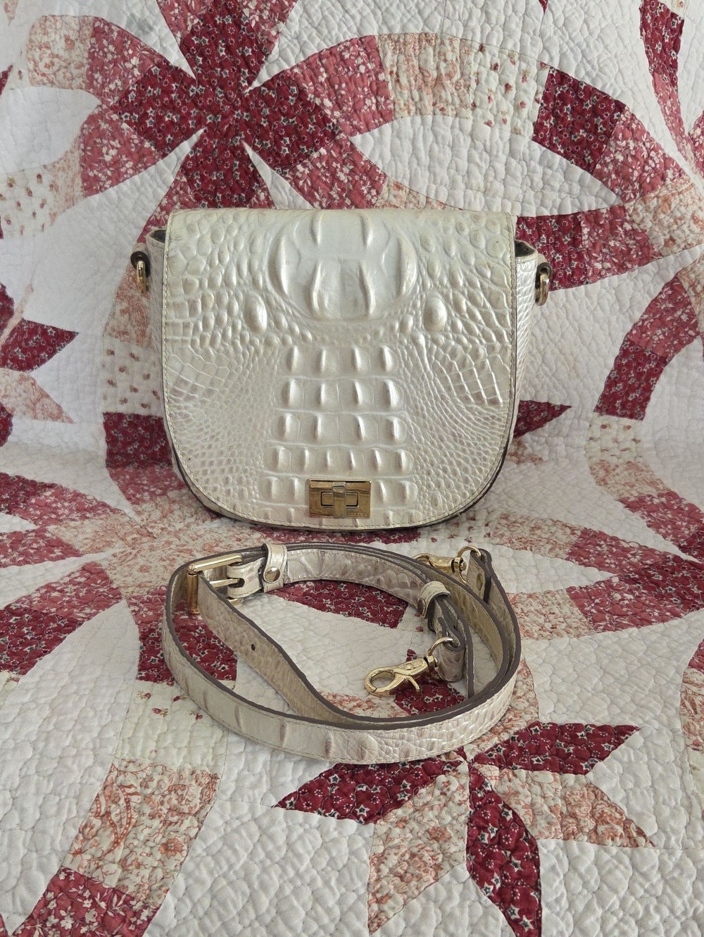 Brahmin Mother of Pearl Croc-Embossed Cream Crossbody Bag with Gold Hardware